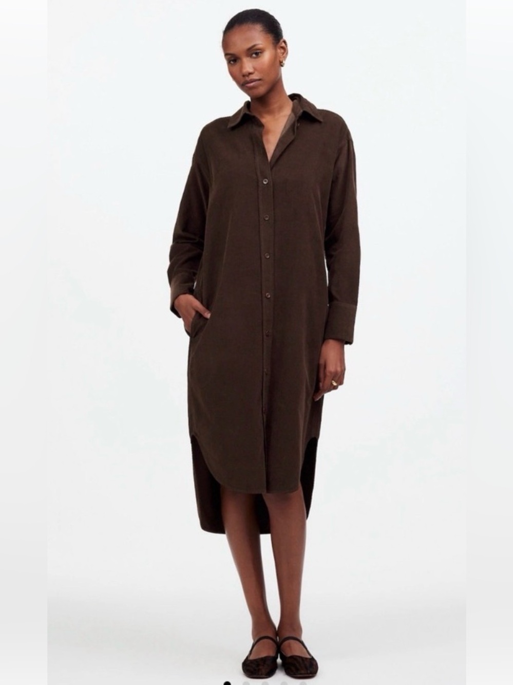 Madewell Long-Sleeve Corduroy Midi Shirt Dress in Dark Brown
